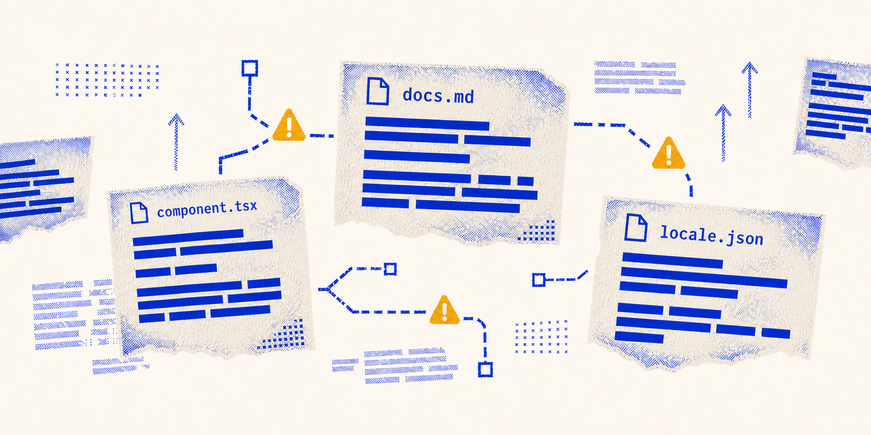 Scattered component, documentation, and locale files connected by fragmented workflows and warning markers.